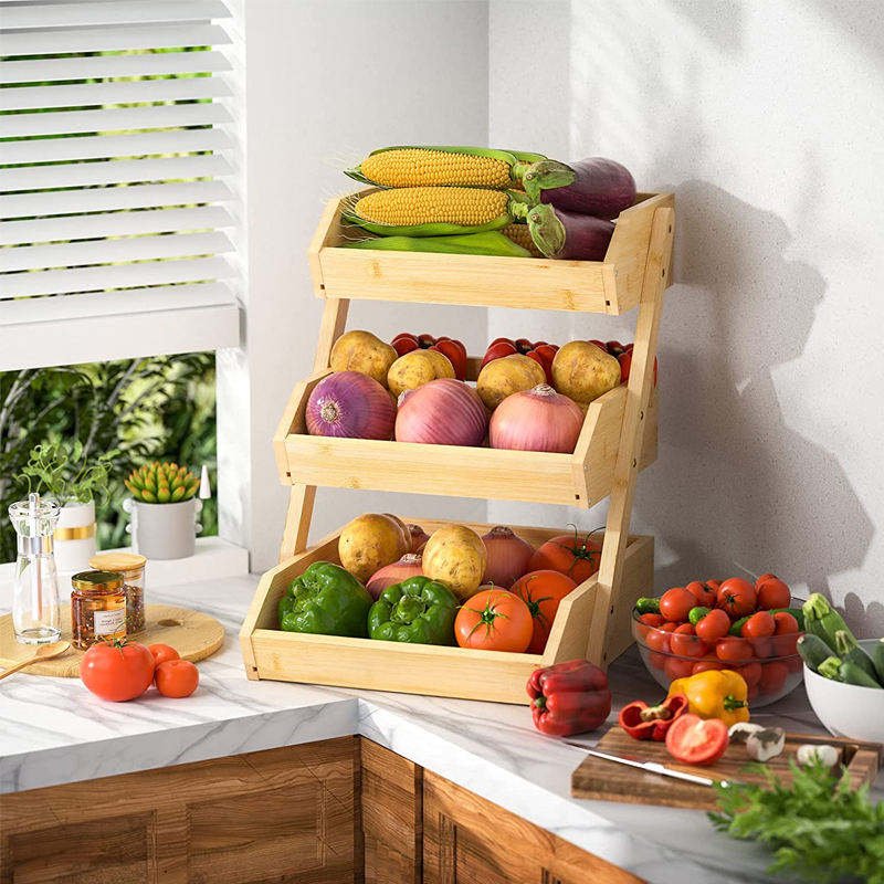 Wholesale Large 3-Tier Bamboo Fruit Basket Bowl for Kitchen Countertop Vegetable Wood Food Basket Storage