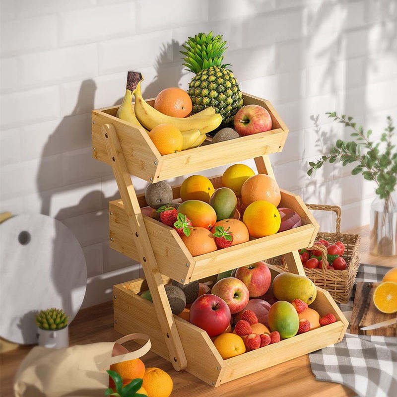 Wholesale Large 3-Tier Bamboo Fruit Basket Bowl for Kitchen Countertop Vegetable Wood Food Basket Storage