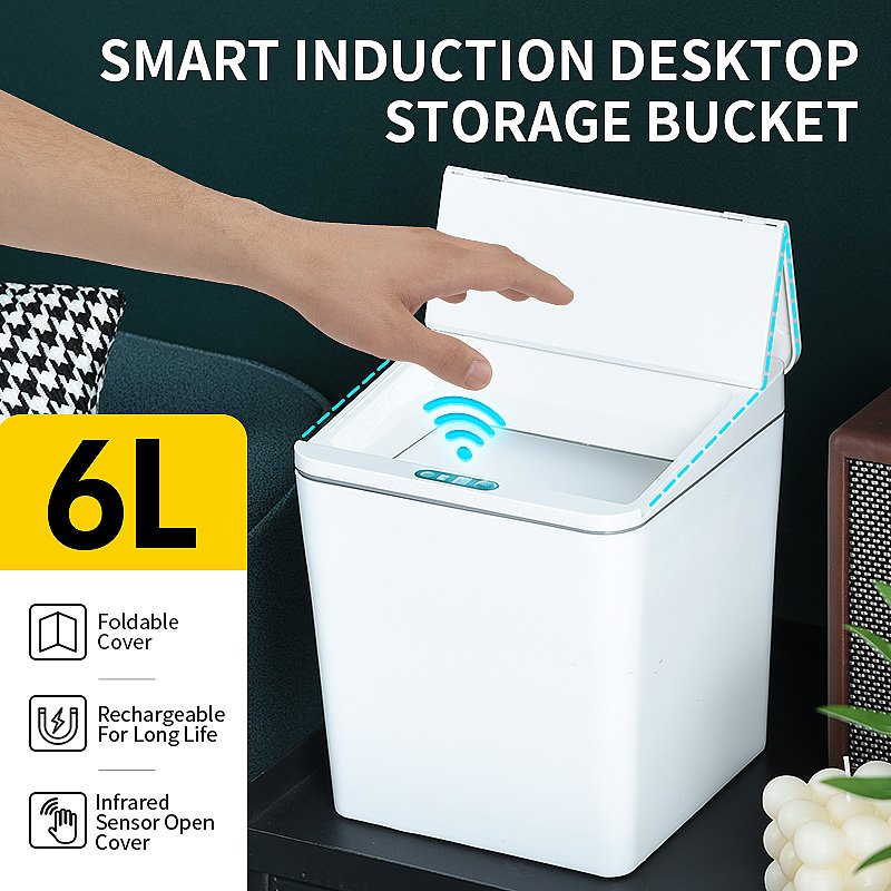 6L Sensing Storage Box With Folding Lid Slim Motion Sensor Garbage Can Automatic Plastic Trash Bin for Bedroom, Living Room