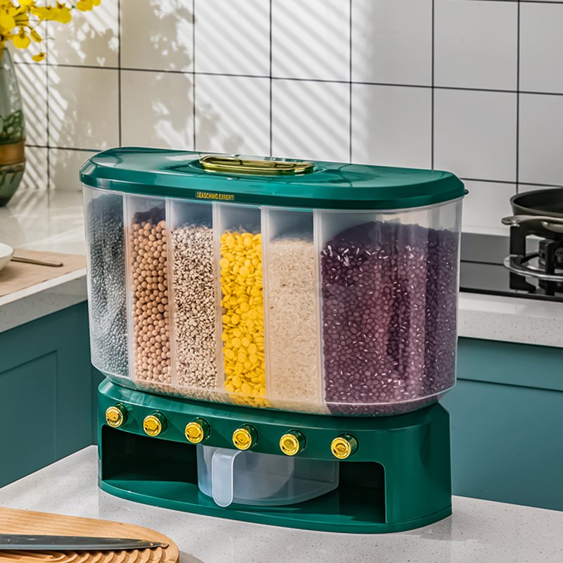 New Rice Dispenser storage box container 6 grid Cereals and Grain Bucket Dry Food Storage Container
