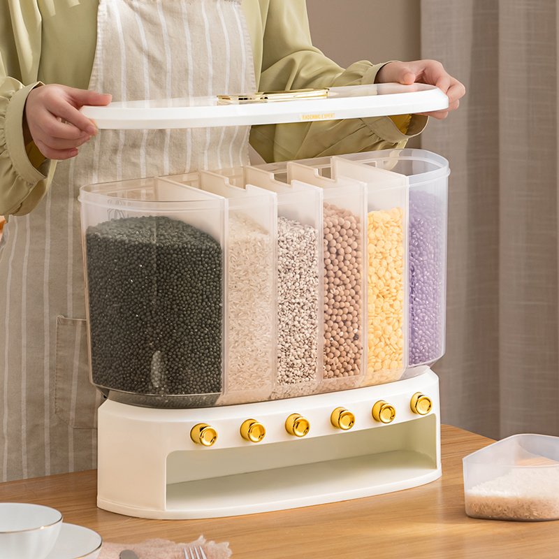 New Rice Dispenser storage box container 6 grid Cereals and Grain Bucket Dry Food Storage Container