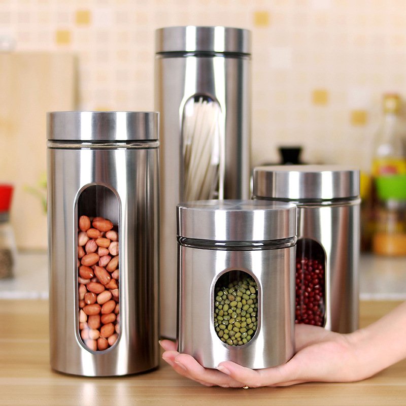 Kitchen Supplies Stainless Steel Storage Jars Visible Glass Sealed Jars Grain Tea Cans Food Storage Jars