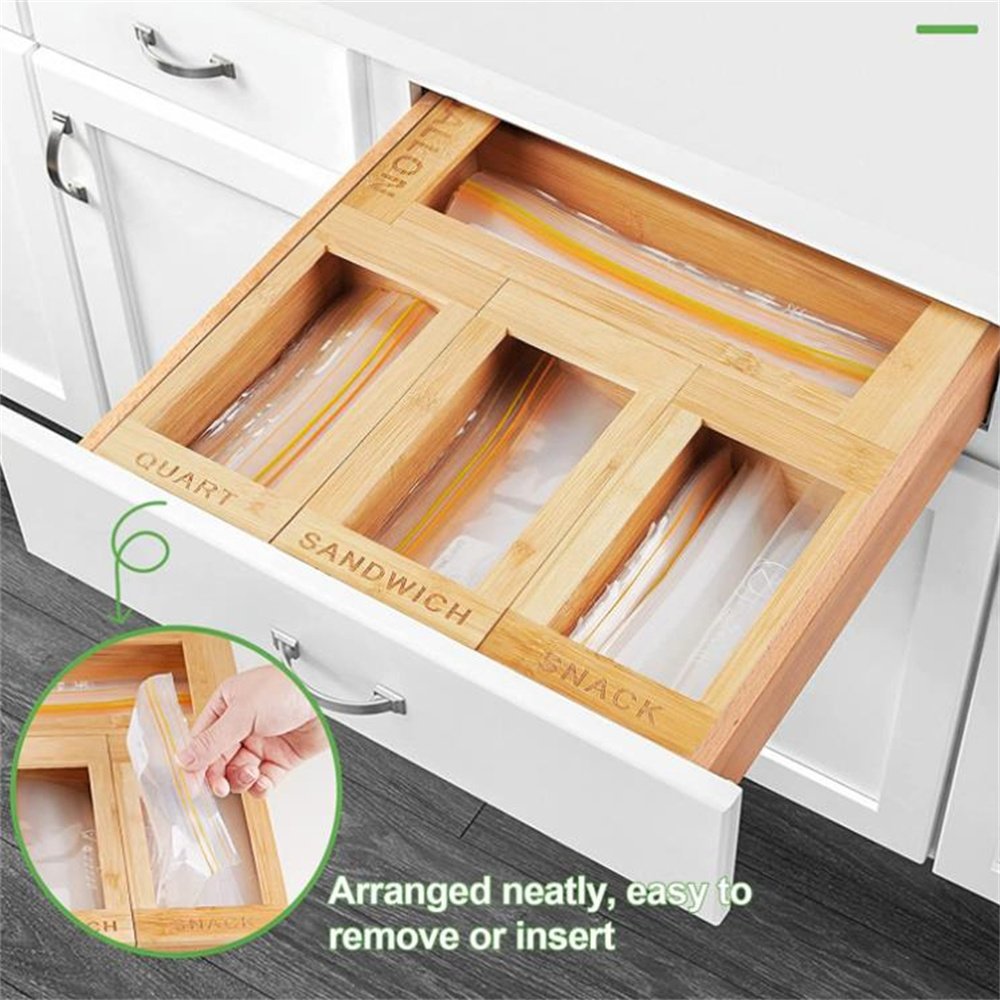 Drawer Ziplock Bag Storage box Bamboo Kitchen Drawer Organizer Wooden Food Storage Bag Organizer