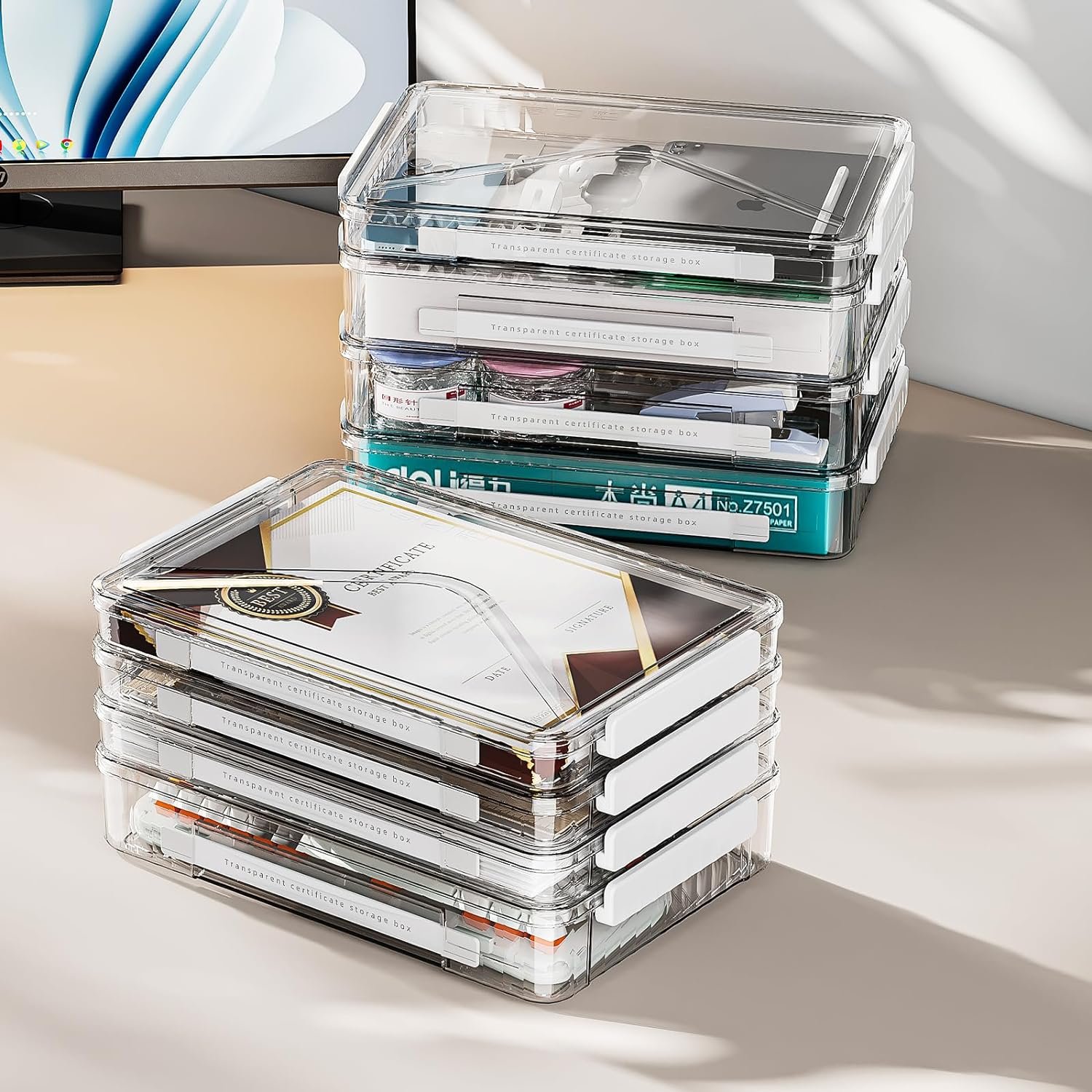 A4 File Box Portable Project Case with Handle Clear Magazine Box Holder Plastic Stackable Storage Box for Paper Photo Document