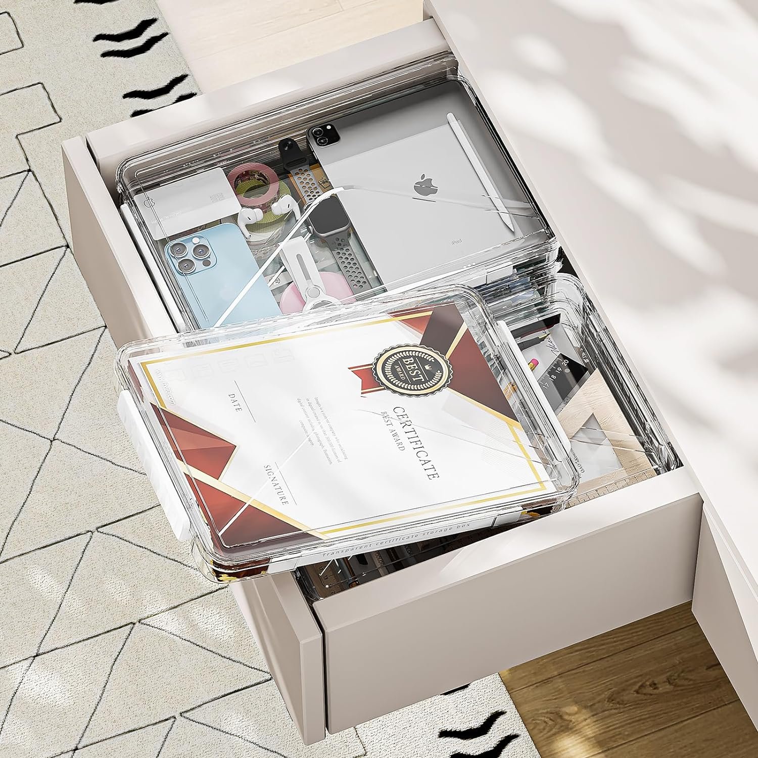 A4 File Box Portable Project Case with Handle Clear Magazine Box Holder Plastic Stackable Storage Box for Paper Photo Document