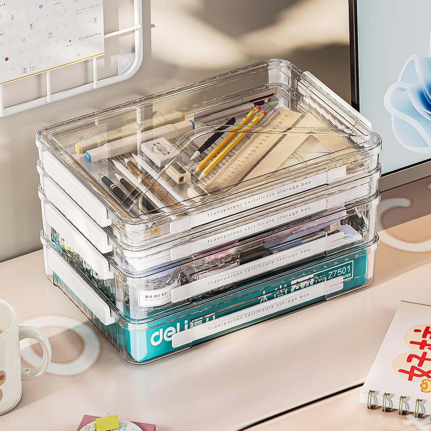 A4 File Box Portable Project Case with Handle Clear Magazine Box Holder Plastic Stackable Storage Box for Paper Photo Document