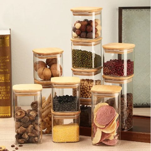 Bestselling High Quality Heat-resistant Kitchen Pantry Transparent Glass Food Storage Organizer Containers With Bamboo Lids