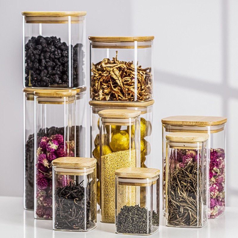 Bestselling High Quality Heat-resistant Kitchen Pantry Transparent Glass Food Storage Organizer Containers With Bamboo Lids