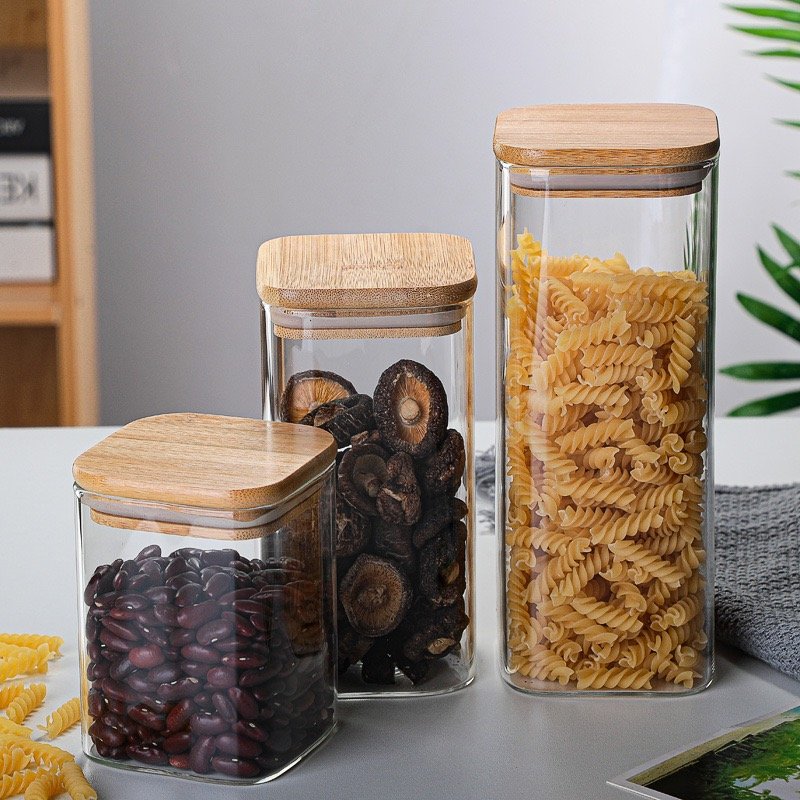 Bestselling High Quality Heat-resistant Kitchen Pantry Transparent Glass Food Storage Organizer Containers With Bamboo Lids