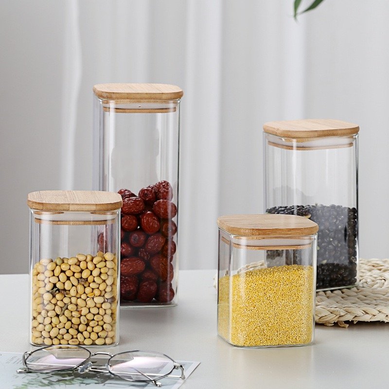Bestselling High Quality Heat-resistant Kitchen Pantry Transparent Glass Food Storage Organizer Containers With Bamboo Lids