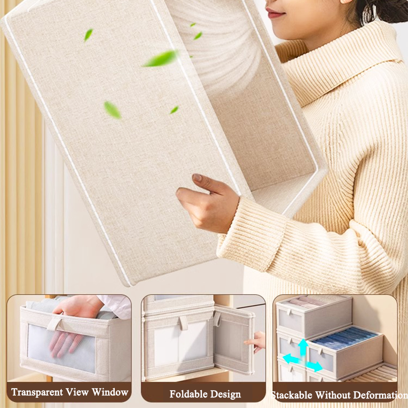 Large Size Folding Polyester Cotton Linen Organizer Fabric Clothes Organizer Foldable Visible Clothes Storage Box