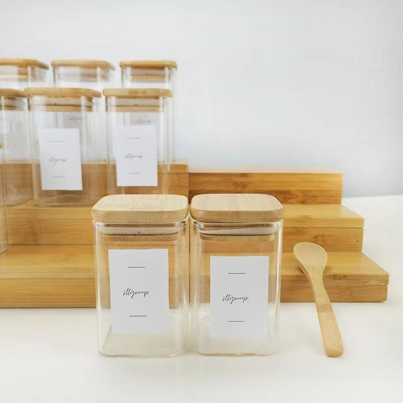 High Quality Transparent Square Glass Jar with Bamboo Lid Classic Design Canister for Food Storage and Spice Use in Kitchen