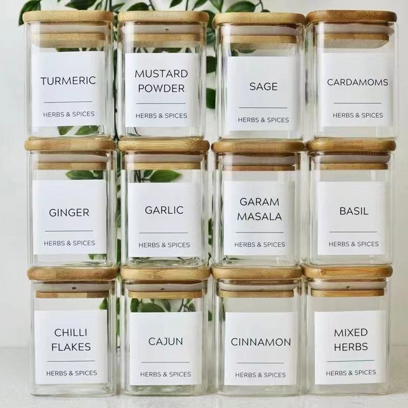 High Quality Transparent Square Glass Jar with Bamboo Lid Classic Design Canister for Food Storage and Spice Use in Kitchen