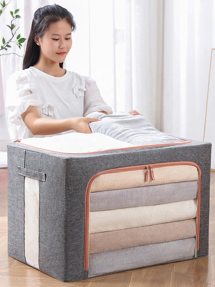 Frame Storage Box Clothes Storage Bin Bags Linen Fabric Foldable Stackable Container Organizer with Clear Window Large Capacity