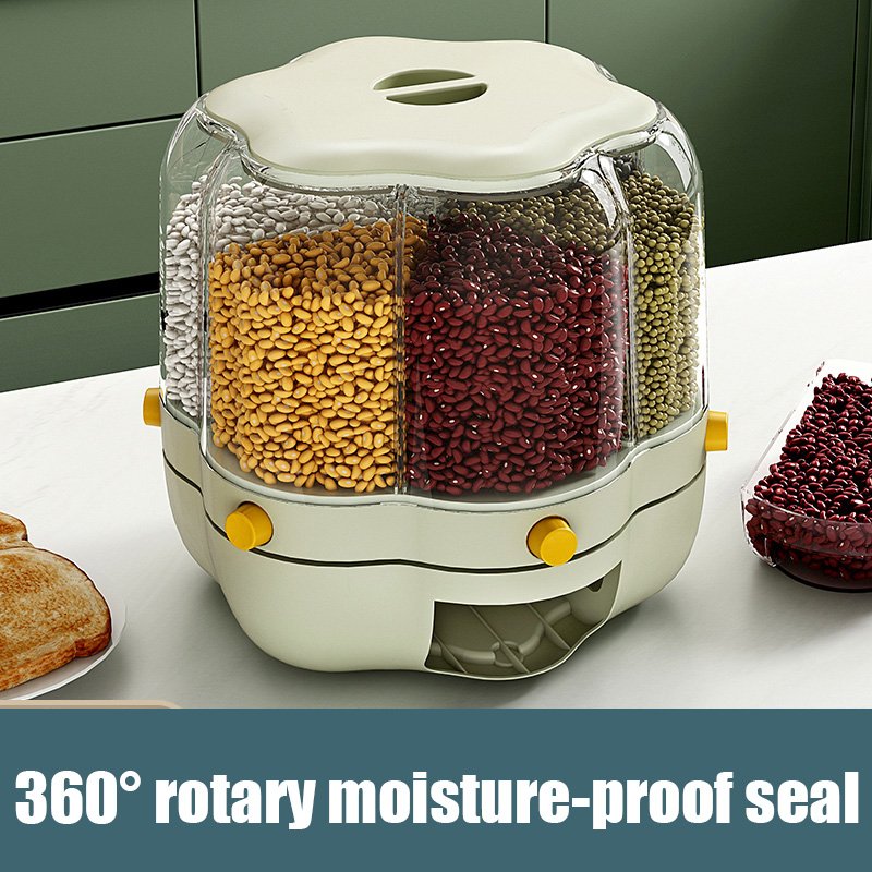 New Design 6 Grids Rotating Rice Bucket Sealed Box Grains Divition Storage Tank Rice Dispenser