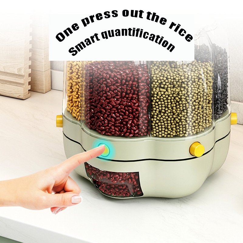 New Design 6 Grids Rotating Rice Bucket Sealed Box Grains Divition Storage Tank Rice Dispenser