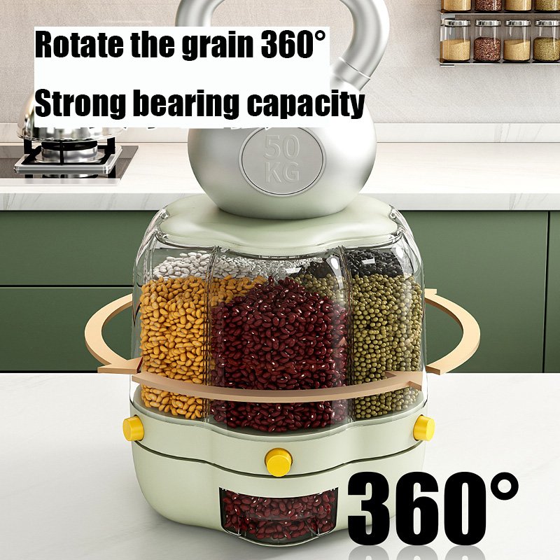 New Design 6 Grids Rotating Rice Bucket Sealed Box Grains Divition Storage Tank Rice Dispenser