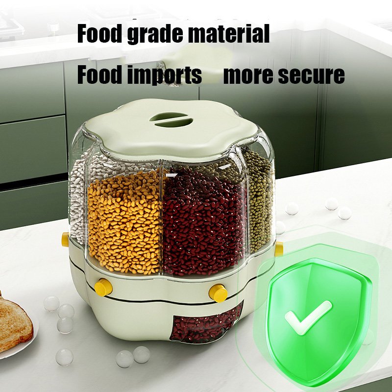 New Design 6 Grids Rotating Rice Bucket Sealed Box Grains Divition Storage Tank Rice Dispenser