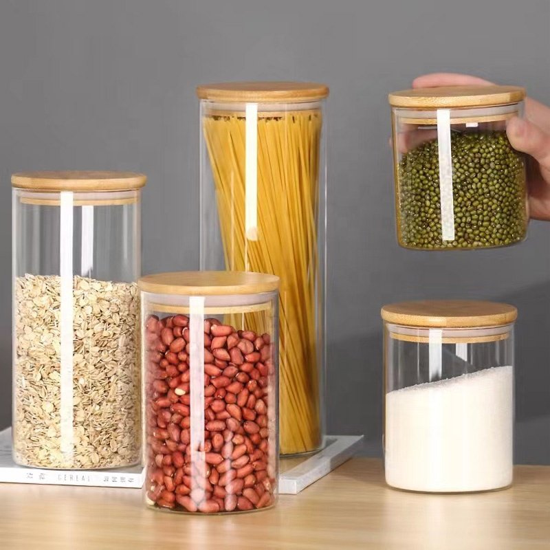 Wholesale 5pcs Airtight Food Storage Jar Set Kitchen Spice Canister with Bamboo Lid Sealed Seasoning Container for Spaghetti
