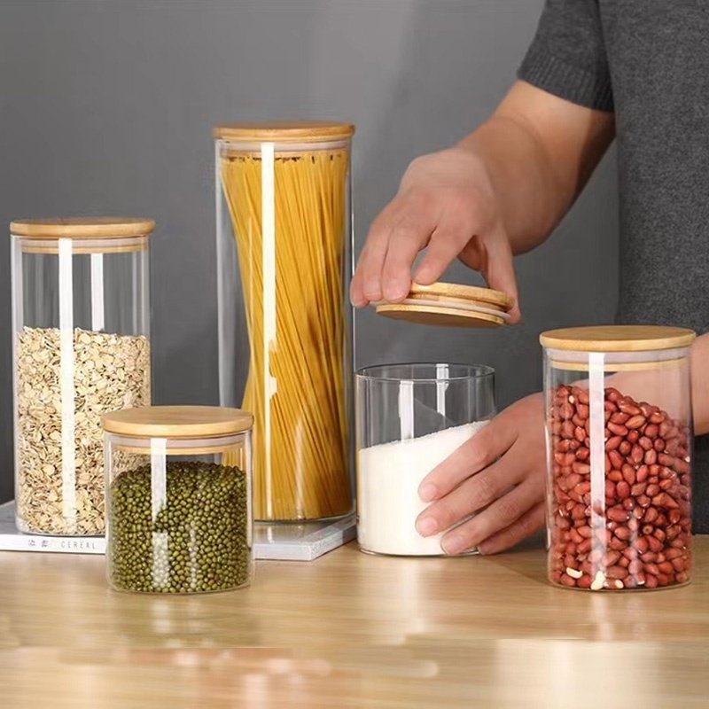 Wholesale 5pcs Airtight Food Storage Jar Set Kitchen Spice Canister with Bamboo Lid Sealed Seasoning Container for Spaghetti