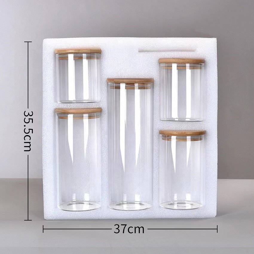 Wholesale 5pcs Airtight Food Storage Jar Set Kitchen Spice Canister with Bamboo Lid Sealed Seasoning Container for Spaghetti