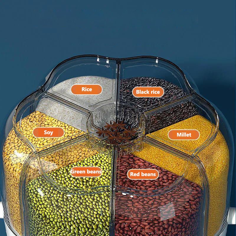 6 Grid 360 Degree Rotating Rice Container Automatic Waterproof And Moisture-proof Rice Bucket Dispenser Storage Box For Kitchen