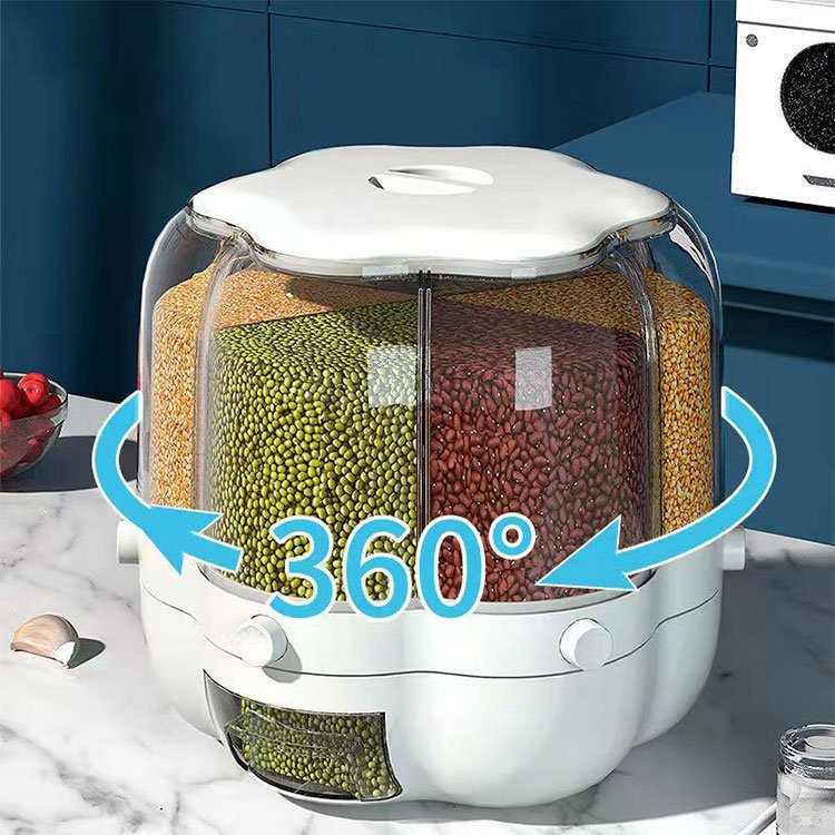6 Grid 360 Degree Rotating Rice Container Automatic Waterproof And Moisture-proof Rice Bucket Dispenser Storage Box For Kitchen