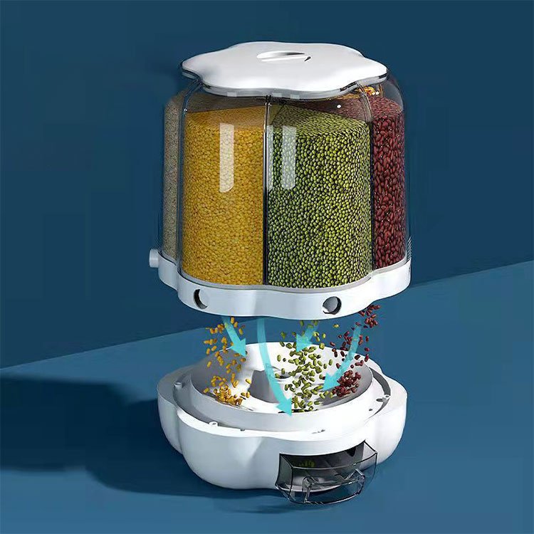 6 Grid 360 Degree Rotating Rice Container Automatic Waterproof And Moisture-proof Rice Bucket Dispenser Storage Box For Kitchen