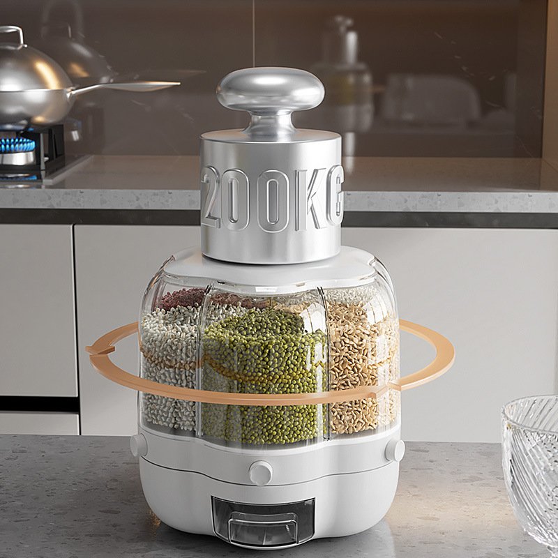 6 Grid 360 Degree Rotating Rice Container Automatic Waterproof And Moisture-proof Rice Bucket Dispenser Storage Box For Kitchen