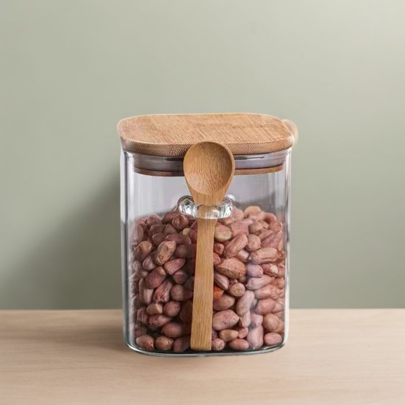 High Borosilicate Square Cereal Container Glass Jar Canister With bamboo Lid Clear Food Storage Container with spoon