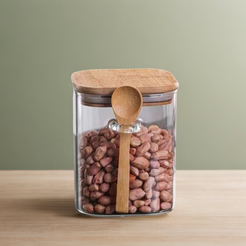 High Borosilicate Square Cereal Container Glass Jar Canister With bamboo Lid Clear Food Storage Container with spoon