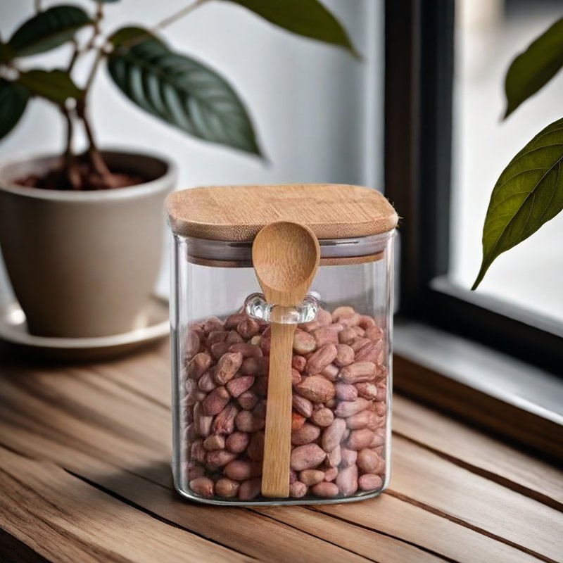 High Borosilicate Square Cereal Container Glass Jar Canister With bamboo Lid Clear Food Storage Container with spoon