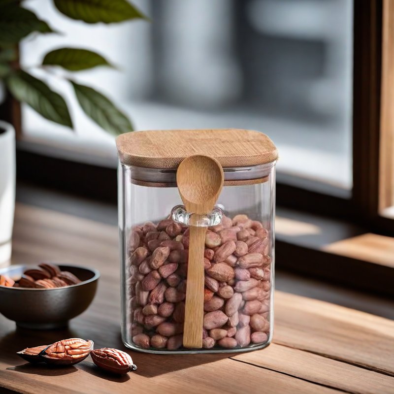 High Borosilicate Square Cereal Container Glass Jar Canister With bamboo Lid Clear Food Storage Container with spoon
