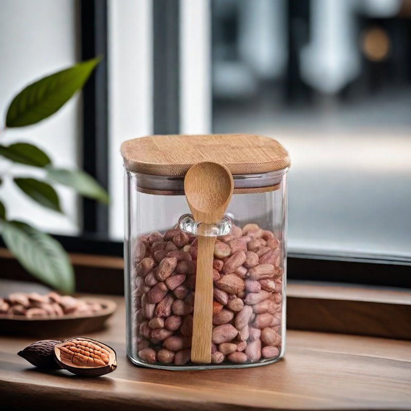 High Borosilicate Square Cereal Container Glass Jar Canister With bamboo Lid Clear Food Storage Container with spoon