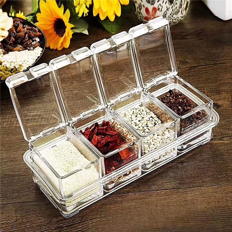 Acrylic 4-Cell Clear Seasoning Rack Spice Box with Cover and Spoon for Food Storage