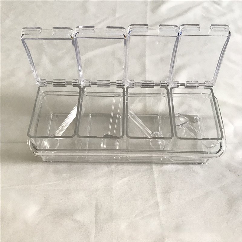 Acrylic 4-Cell Clear Seasoning Rack Spice Box with Cover and Spoon for Food Storage