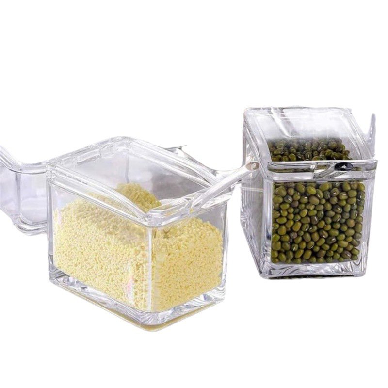 Acrylic 4-Cell Clear Seasoning Rack Spice Box with Cover and Spoon for Food Storage