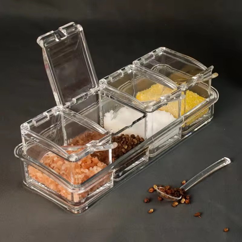 Acrylic 4-Cell Clear Seasoning Rack Spice Box with Cover and Spoon for Food Storage