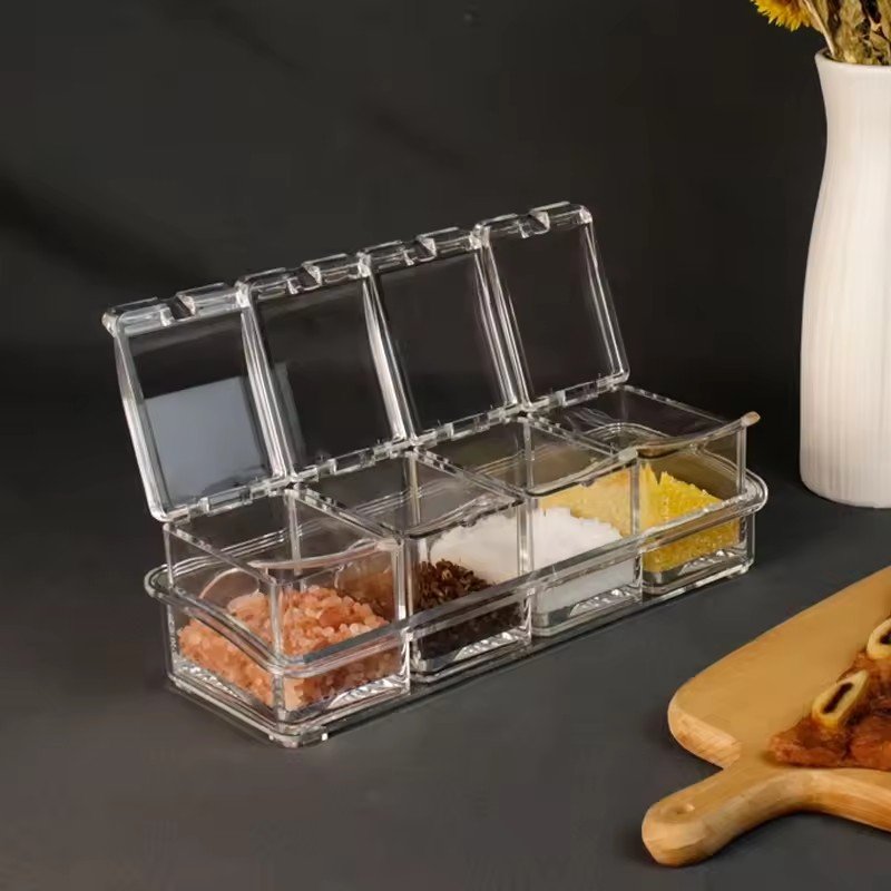 Acrylic 4-Cell Clear Seasoning Rack Spice Box with Cover and Spoon for Food Storage