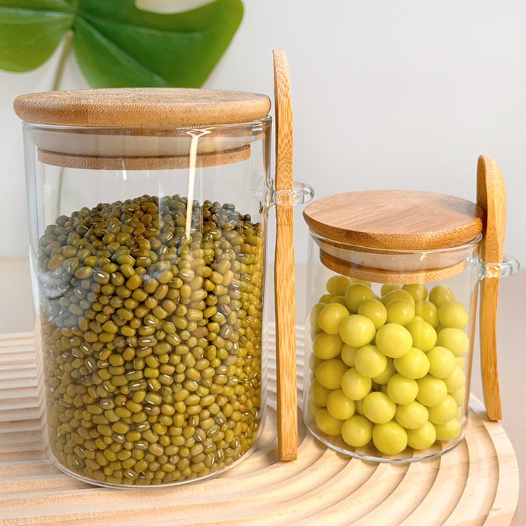All size Glass Jars with Bamboo Lids and Bamboo Spoons Borosilicate Glass Canisters Hold Coffee Beans Herbs Storage Containers