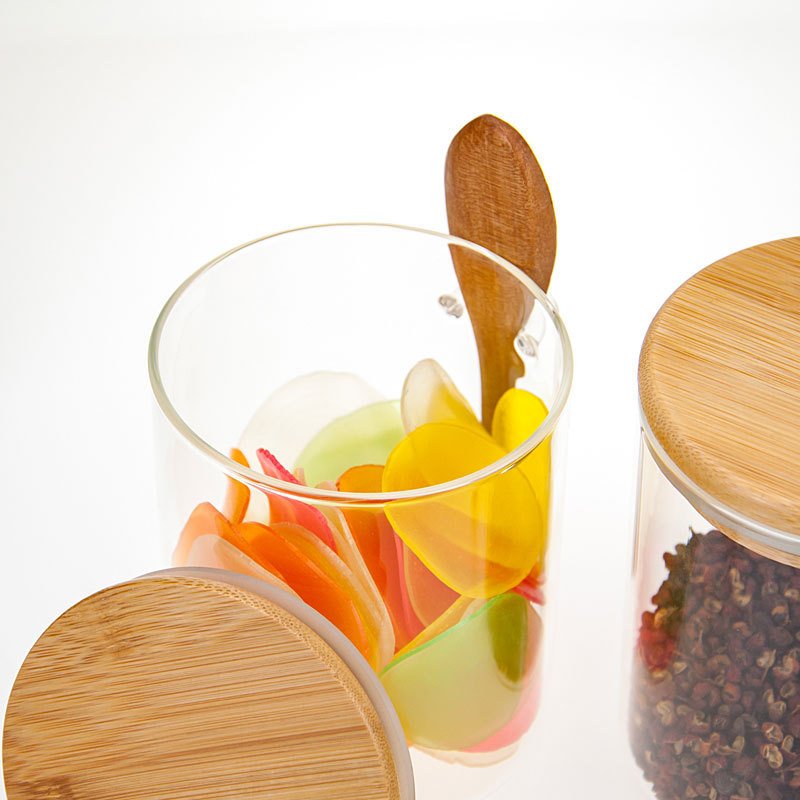 All size Glass Jars with Bamboo Lids and Bamboo Spoons Borosilicate Glass Canisters Hold Coffee Beans Herbs Storage Containers