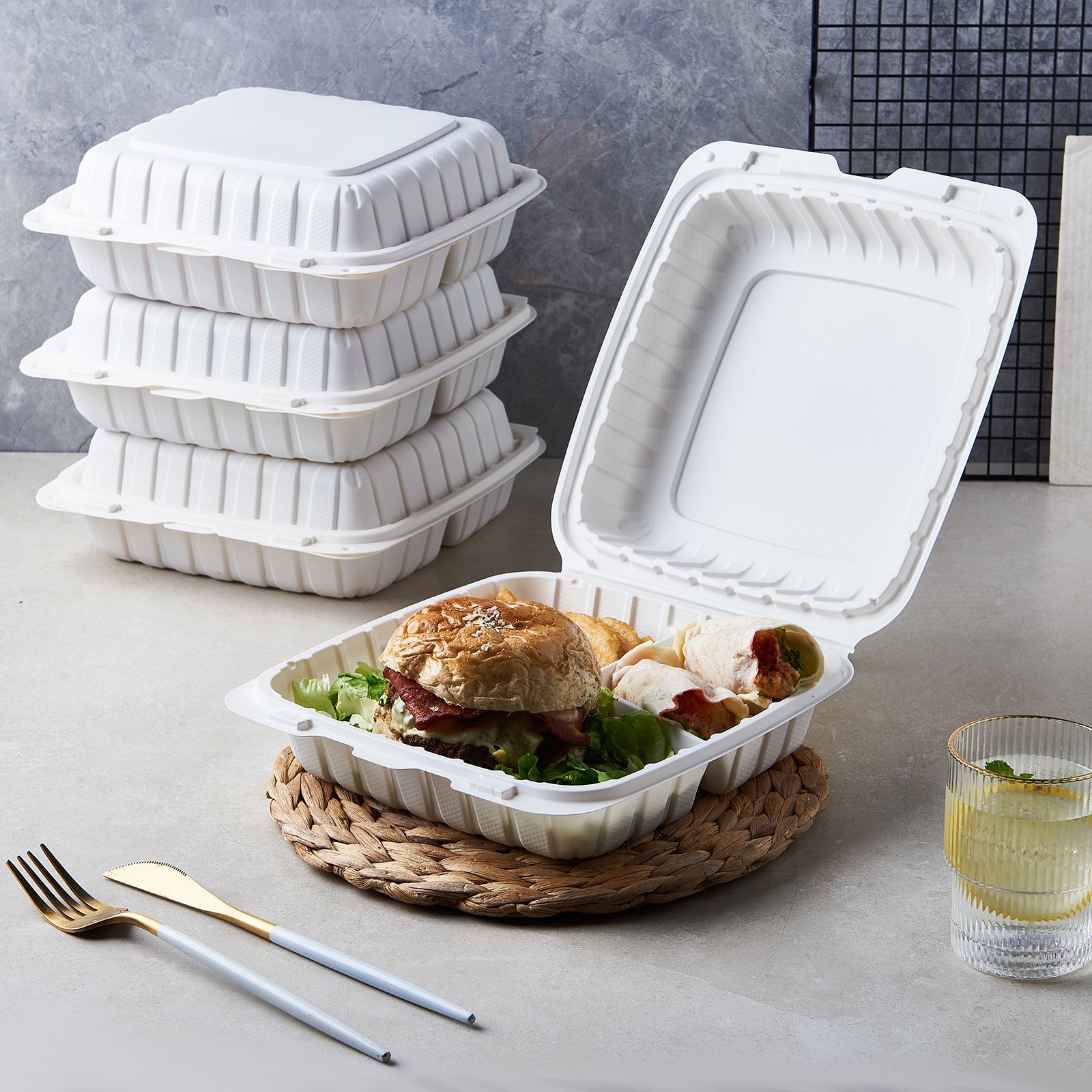 FULING Disposable 9X9X3" 3 Compartment Clamshell Food Container Take Out Lunch Box
