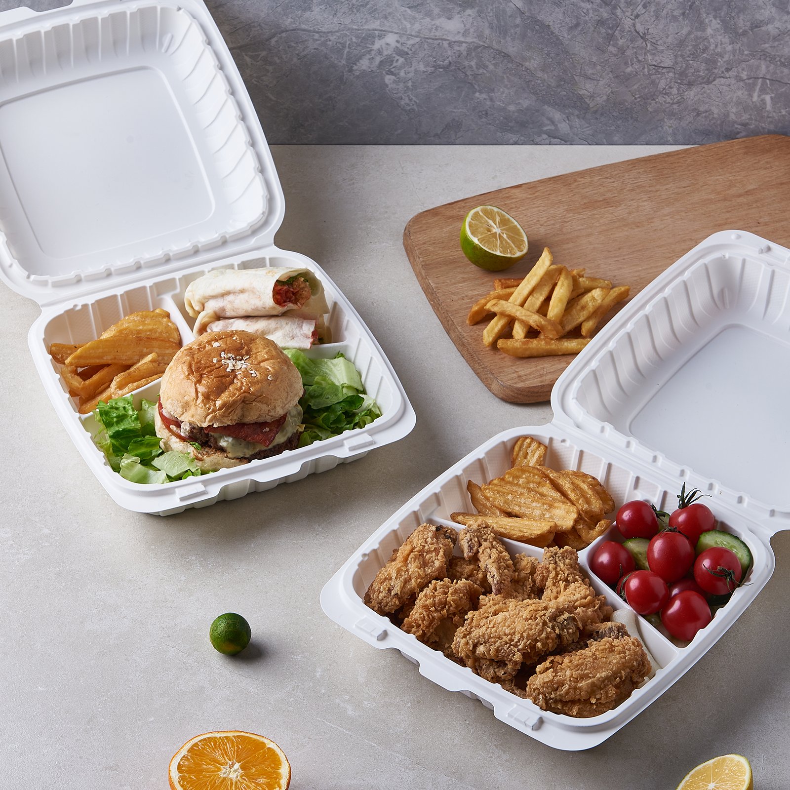 FULING Disposable 9X9X3" 3 Compartment Clamshell Food Container Take Out Lunch Box