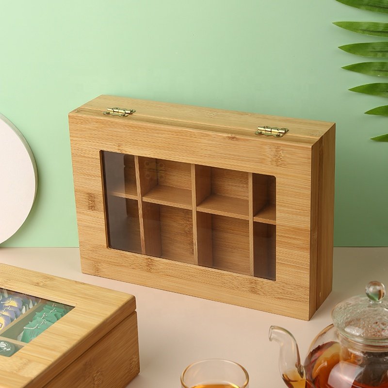 Low MOQ 8 Compartments Wood Tea Storage Box With Hinged Lid Bamboo Tea Bag Organizer