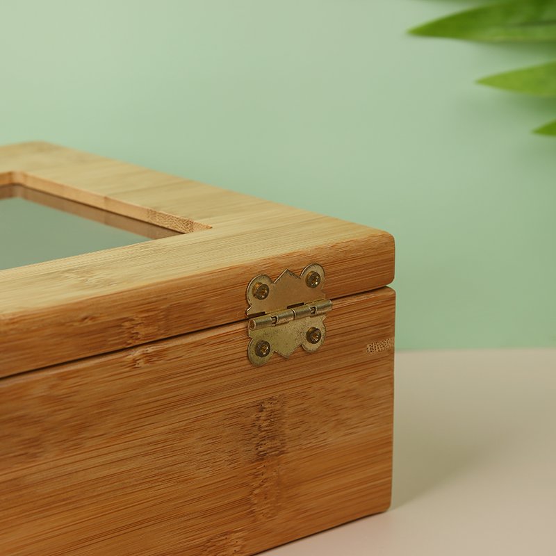 Low MOQ 8 Compartments Wood Tea Storage Box With Hinged Lid Bamboo Tea Bag Organizer