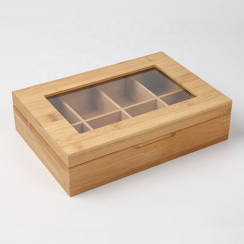 Low MOQ 8 Compartments Wood Tea Storage Box With Hinged Lid Bamboo Tea Bag Organizer