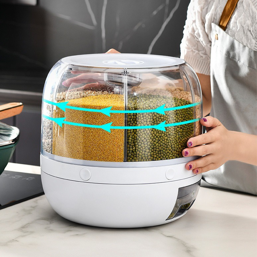 HOT Rice Dispenser Kitchen Moisture-Proof 6-Grid Rotating Food Grain Dispenser Cereal Storage Box Rice Container Dispenser