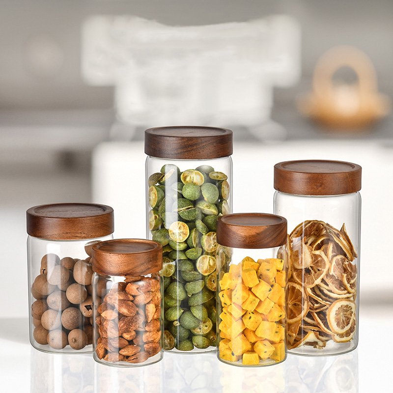 Wholesale 250ml Airtight Canister Bottle With Acacia Lid Coffee Glass Jar Container Wood Food Storage For Kitchen Spice
