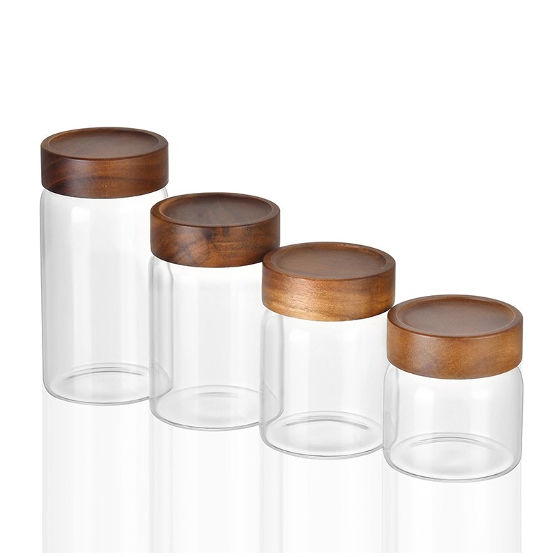 Wholesale 250ml Airtight Canister Bottle With Acacia Lid Coffee Glass Jar Container Wood Food Storage For Kitchen Spice
