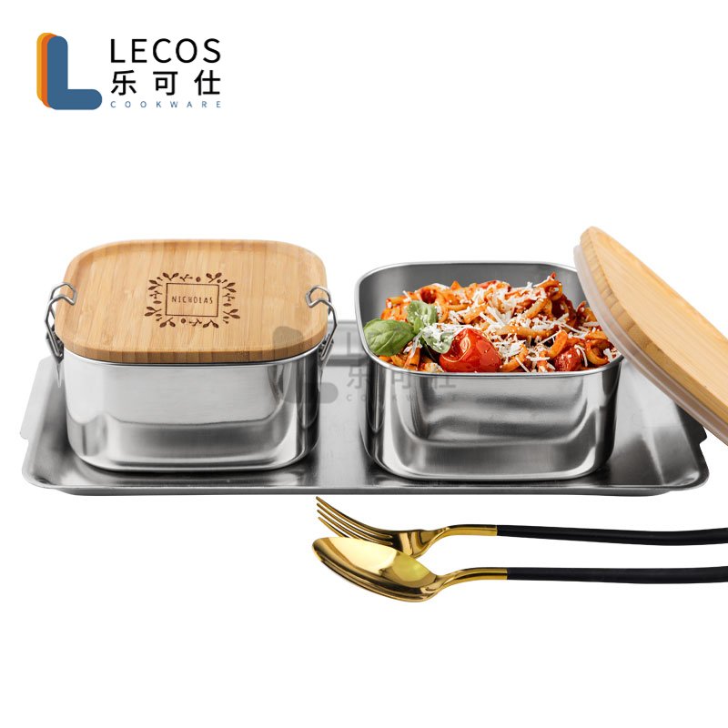 18/8 Stainless steel lunch box bamboo lid with silicone, food storage container customized logo for children